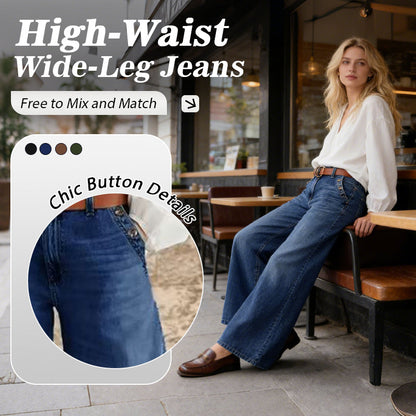 Hoch taillierte Jeans mit weitem Bein und Knopfdetail