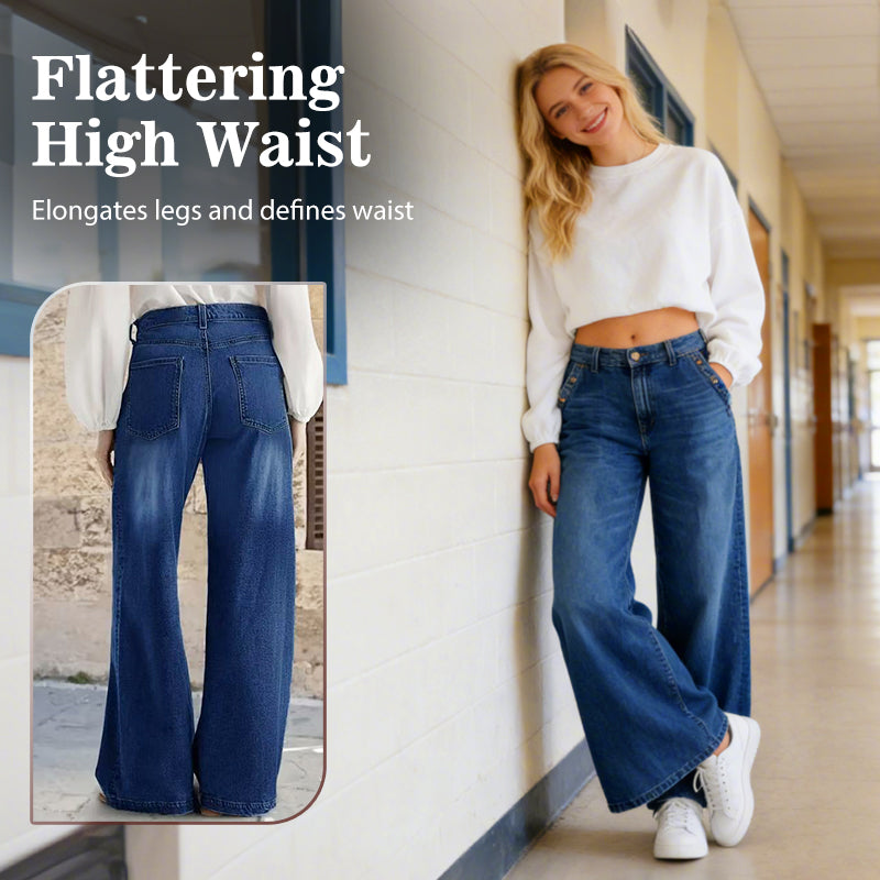 Hoch taillierte Jeans mit weitem Bein und Knopfdetail