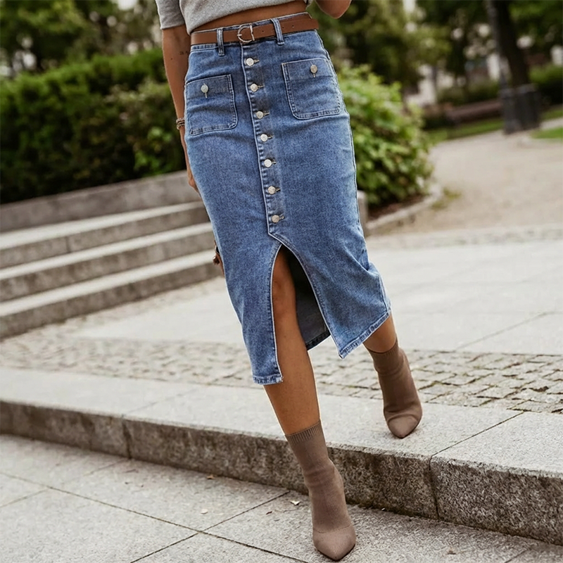 Midirock aus Denim mit Knopfleiste – Blau & vielseitig kombinierbar