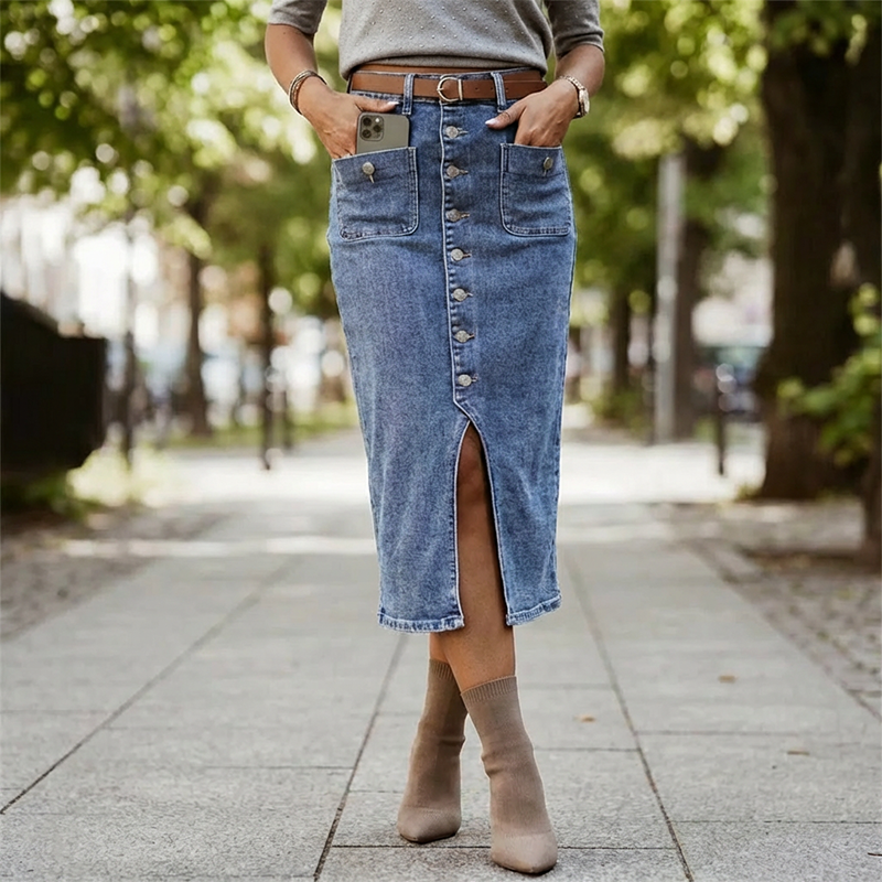 Midirock aus Denim mit Knopfleiste – Blau & vielseitig kombinierbar