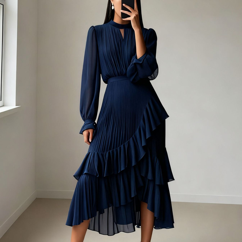Damen Plissee-Midikleid mit Volants und Schlüsselloch-Ausschnitt