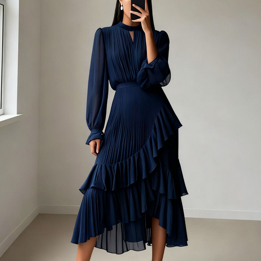Damen Plissee-Midikleid mit Volants und Schlüsselloch-Ausschnitt
