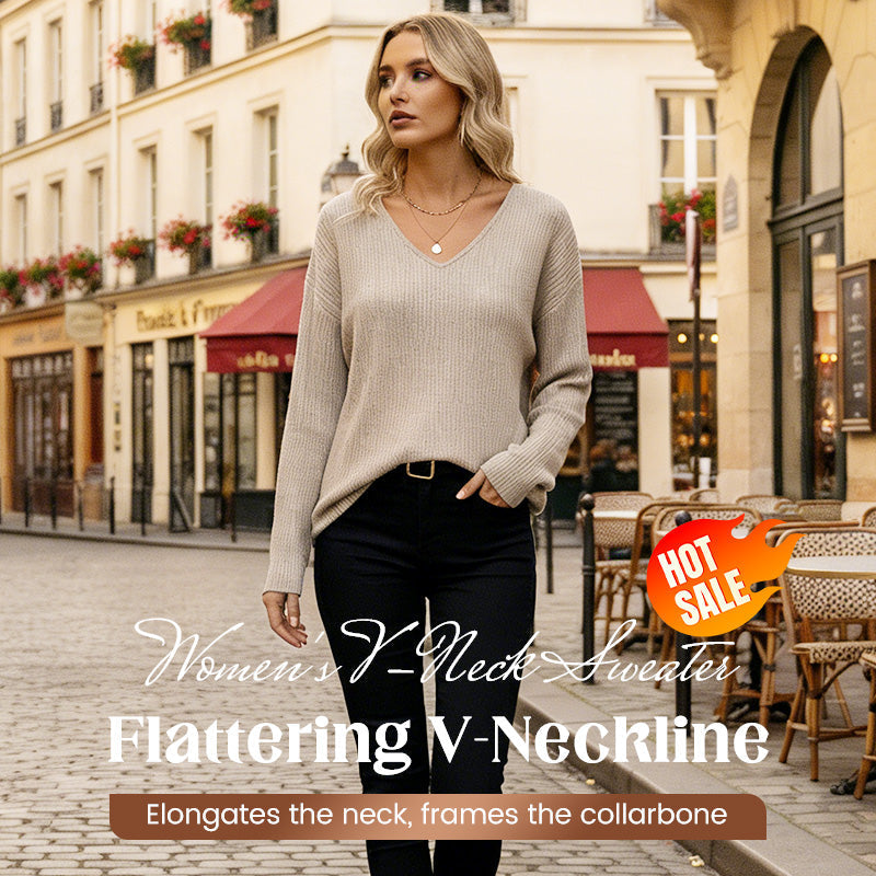 Damenv-Ausschnitt Pullover mit eleganter Rücken-Schleife