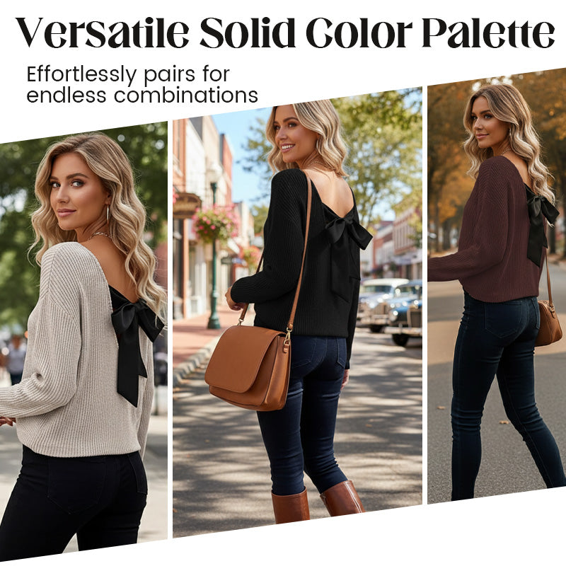 Damenv-Ausschnitt Pullover mit eleganter Rücken-Schleife