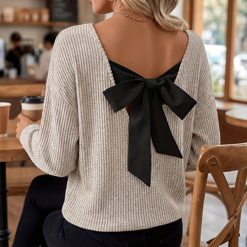 Damenv-Ausschnitt Pullover mit eleganter Rücken-Schleife