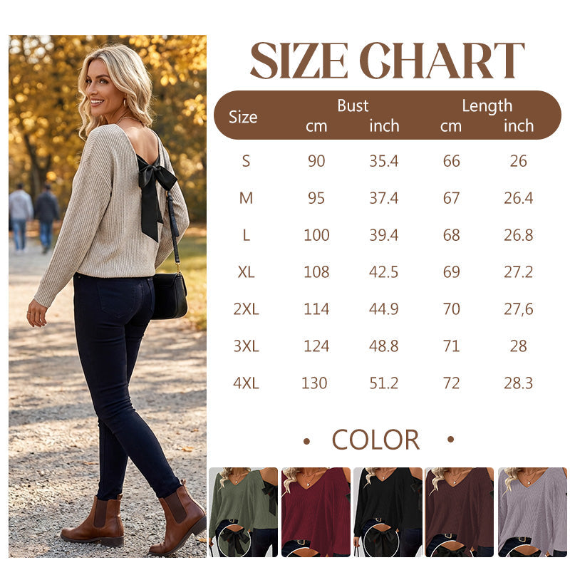 Damenv-Ausschnitt Pullover mit eleganter Rücken-Schleife