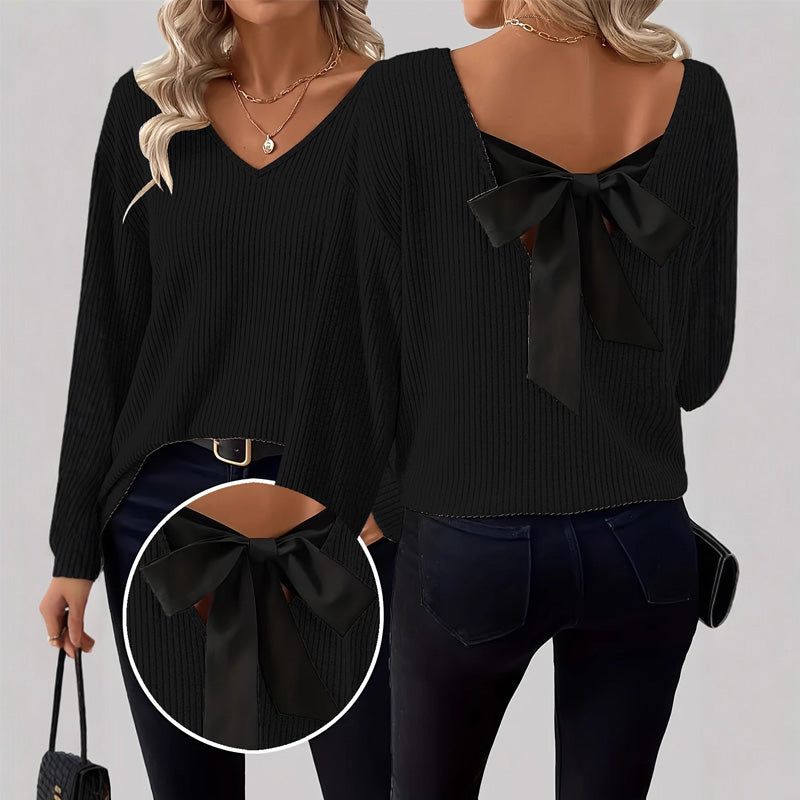 Damenv-Ausschnitt Pullover mit eleganter Rücken-Schleife