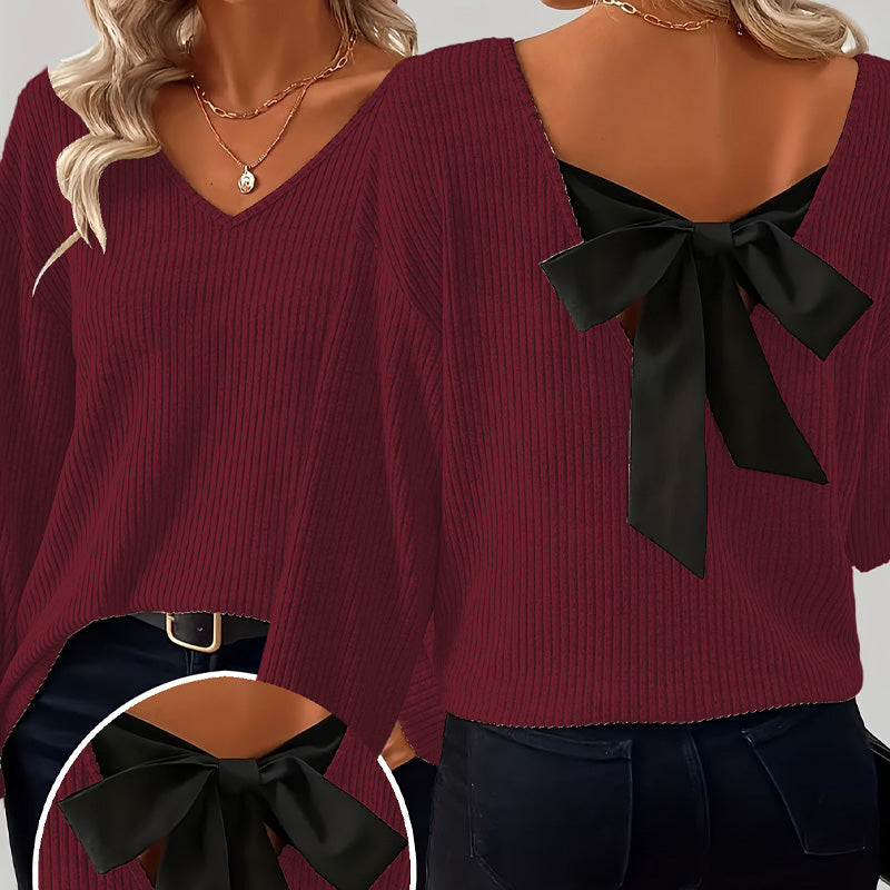Damenv-Ausschnitt Pullover mit eleganter Rücken-Schleife