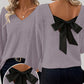 Damenv-Ausschnitt Pullover mit eleganter Rücken-Schleife