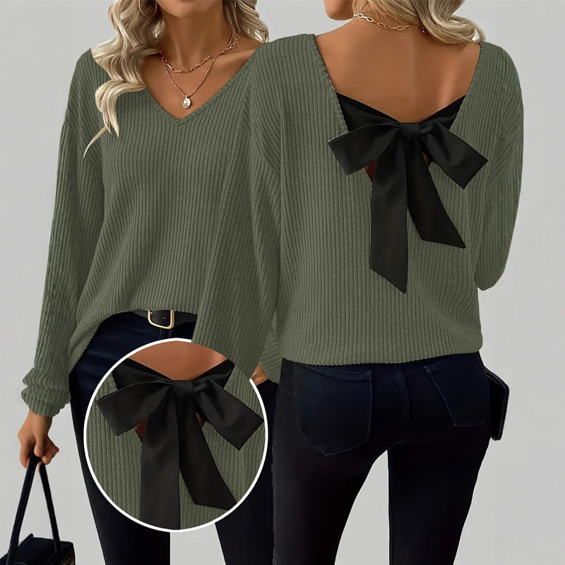 Damenv-Ausschnitt Pullover mit eleganter Rücken-Schleife