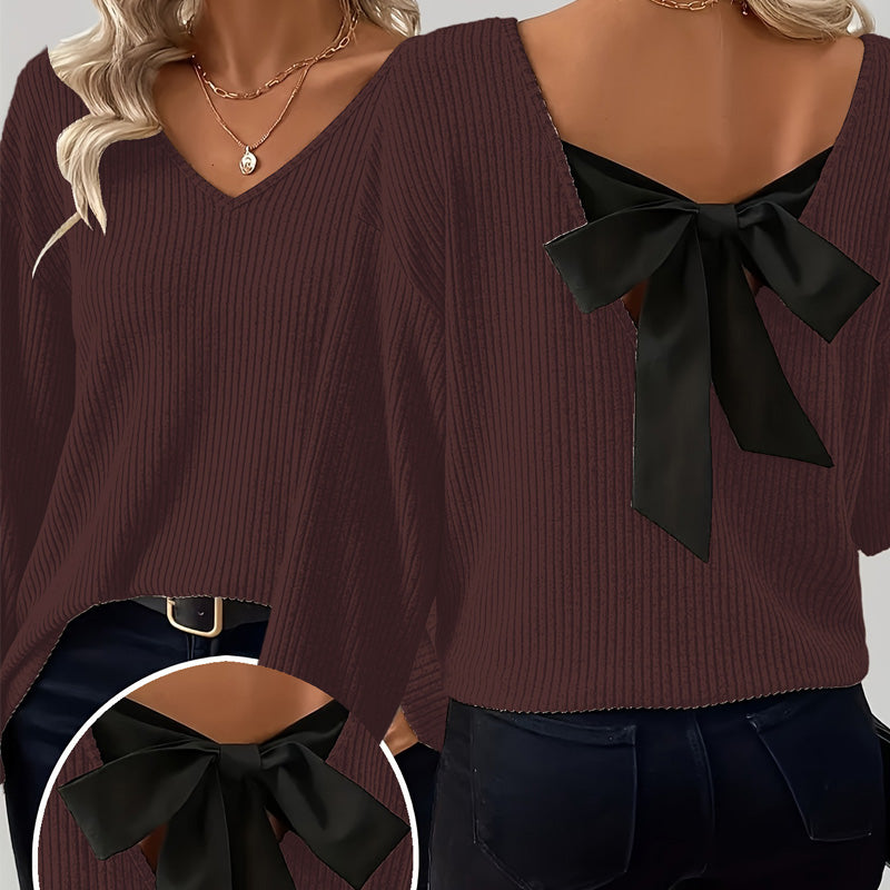 Damenv-Ausschnitt Pullover mit eleganter Rücken-Schleife