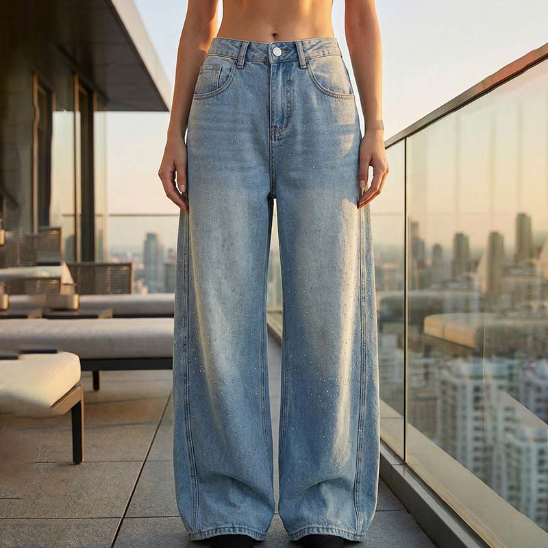 High-Waist Jeans mit Strass-Sternen – Weites Bein & moderne Silhouette ✨👖