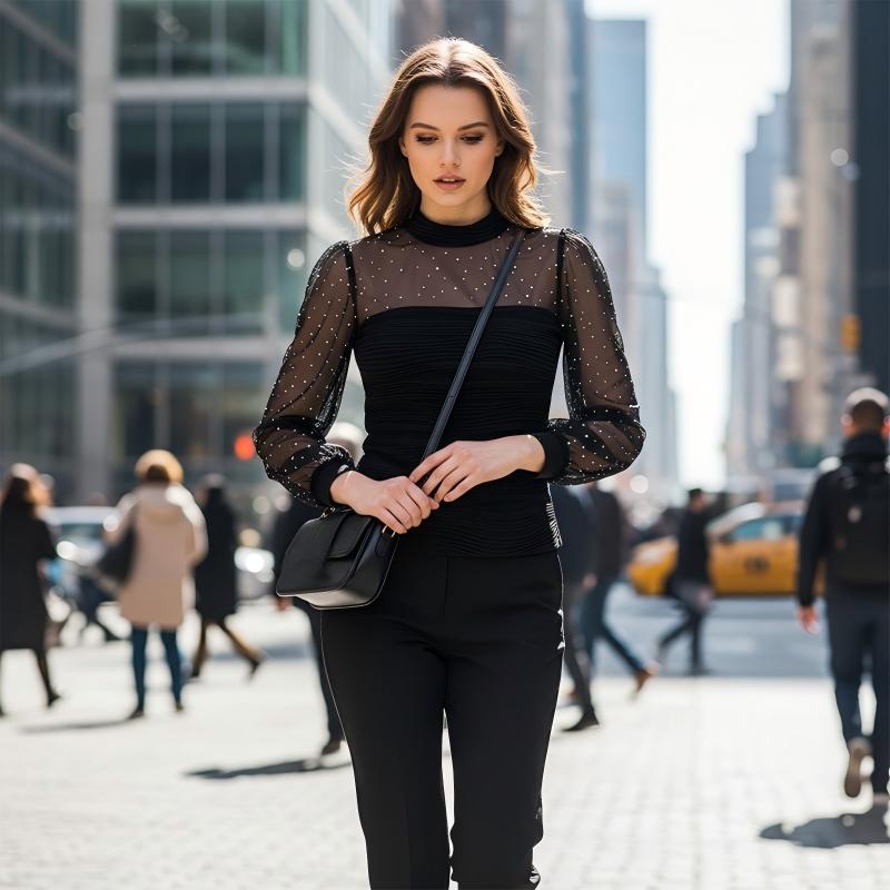🤍 Damen Langarmshirt mit Perlen & Tüll-Einsatz – Elegant & vielseitig kombinierbar