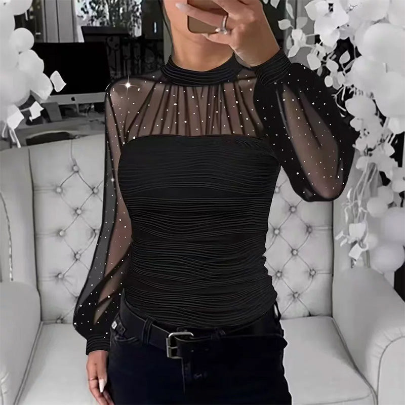 🤍 Damen Langarmshirt mit Perlen & Tüll-Einsatz – Elegant & vielseitig kombinierbar