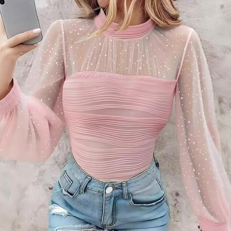 🤍 Damen Langarmshirt mit Perlen & Tüll-Einsatz – Elegant & vielseitig kombinierbar