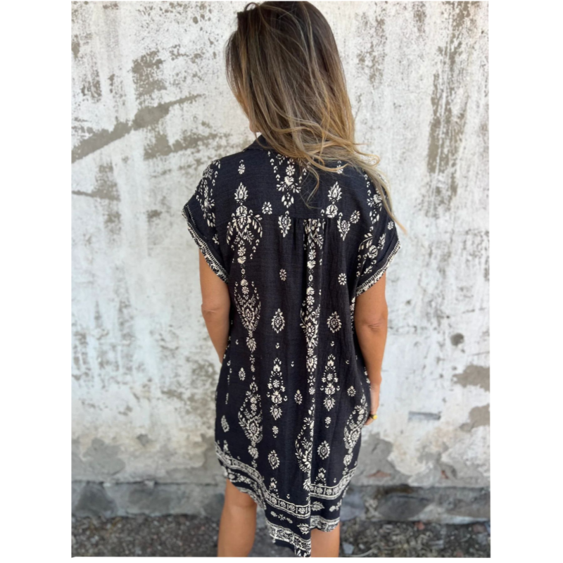 👗🌿 Lockeres Kurzarm-Leinenkleid für Damen – Mit Taschen und Floral-Print, Perfekt für Sommer