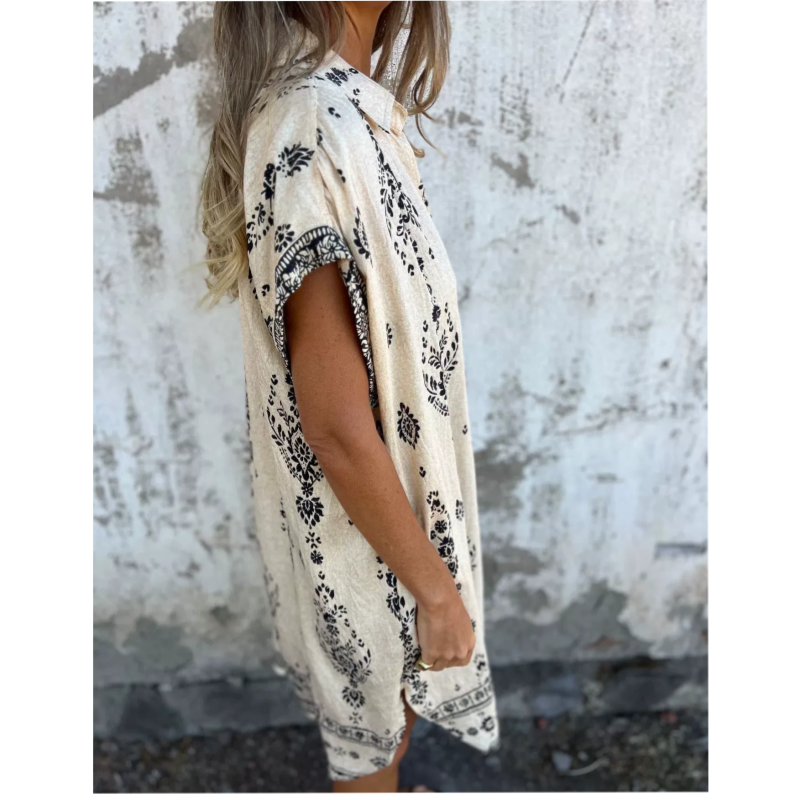 👗🌿 Lockeres Kurzarm-Leinenkleid für Damen – Mit Taschen und Floral-Print, Perfekt für Sommer