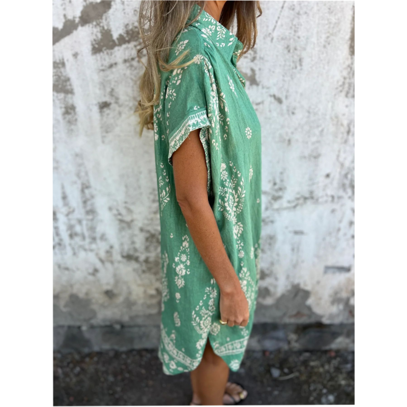 👗🌿 Lockeres Kurzarm-Leinenkleid für Damen – Mit Taschen und Floral-Print, Perfekt für Sommer