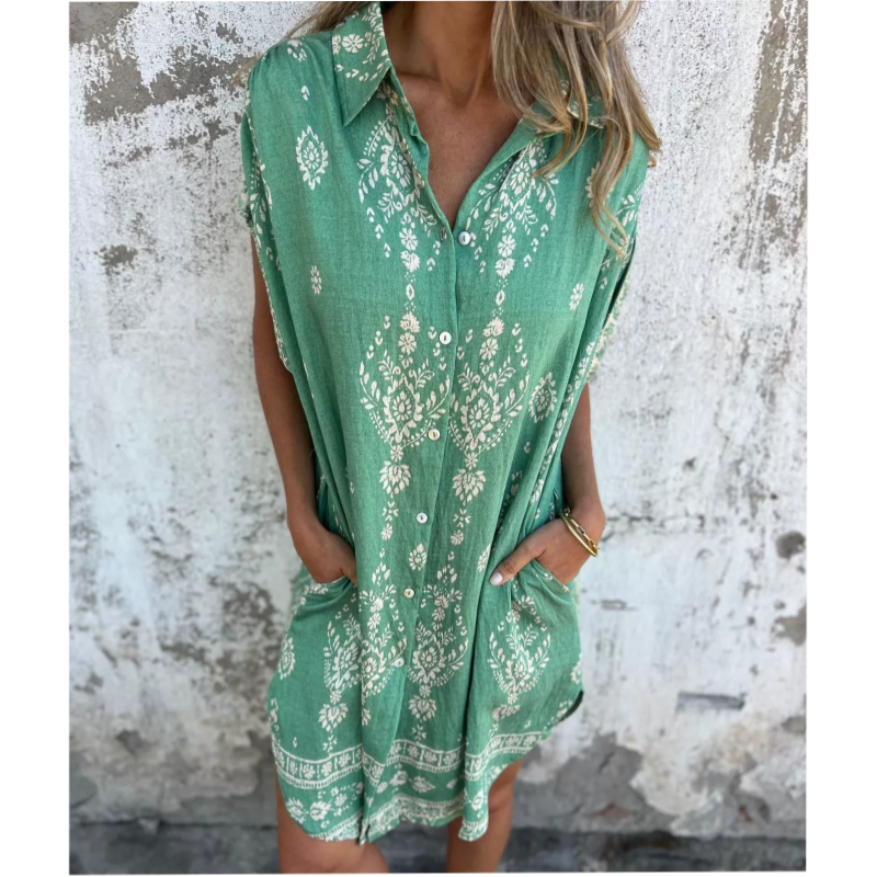 👗🌿 Lockeres Kurzarm-Leinenkleid für Damen – Mit Taschen und Floral-Print, Perfekt für Sommer