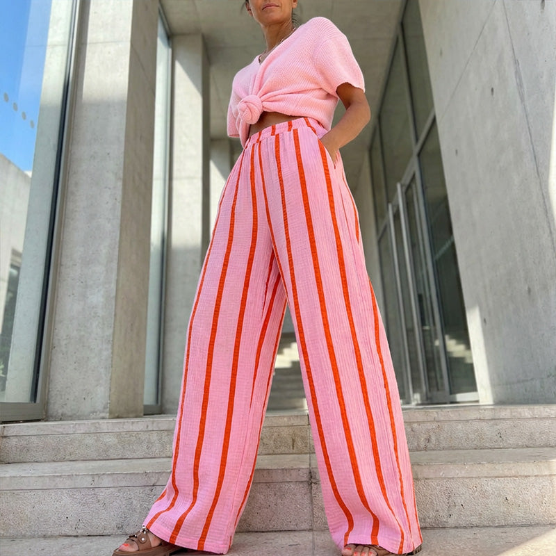 Damenhose für Frühling und Sommer – Streifen- und Blumenmuster, Bequemer Schnitt, Gerade Form🌸👖