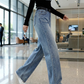 Damen-Glitzer-High-Waist-Straight-Leg-Denim-Hose