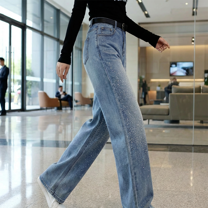 Damen-Glitzer-High-Waist-Straight-Leg-Denim-Hose