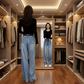 Damen-Glitzer-High-Waist-Straight-Leg-Denim-Hose