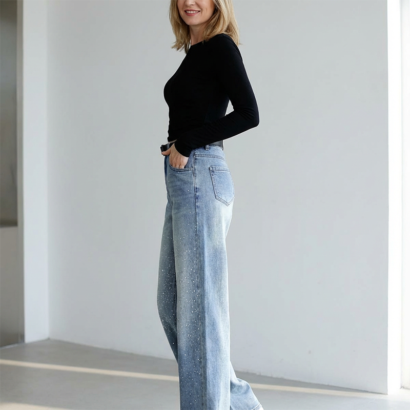 Damen-Glitzer-High-Waist-Straight-Leg-Denim-Hose