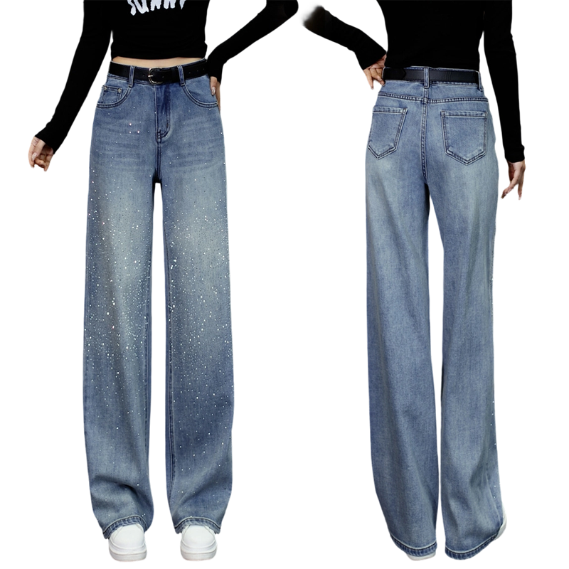 Damen-Glitzer-High-Waist-Straight-Leg-Denim-Hose