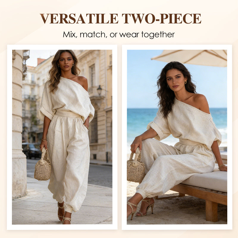 👚✨ Schlichte Off-Shoulder 2-Teiliges Damen Set – Mit Taschen, Locker und Vielseitig für Alltag