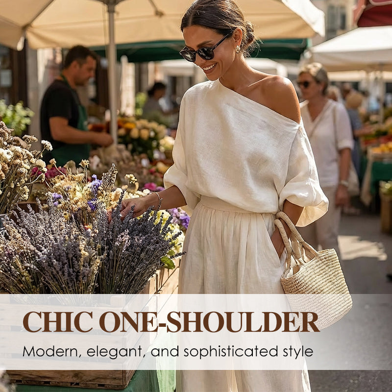 👚✨ Schlichte Off-Shoulder 2-Teiliges Damen Set – Mit Taschen, Locker und Vielseitig für Alltag