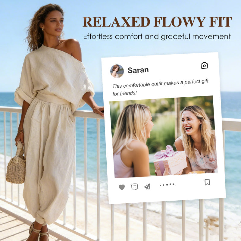 👚✨ Schlichte Off-Shoulder 2-Teiliges Damen Set – Mit Taschen, Locker und Vielseitig für Alltag