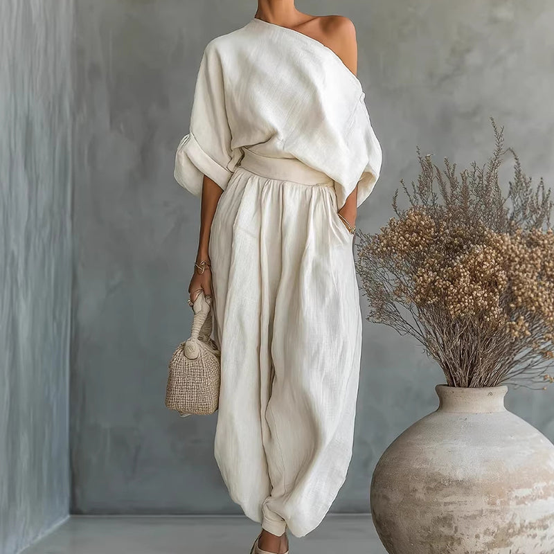 👚✨ Schlichte Off-Shoulder 2-Teiliges Damen Set – Mit Taschen, Locker und Vielseitig für Alltag