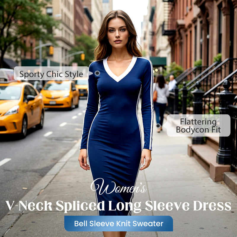 👗✨ Damen V-Ausschnitt Kleid – Elegantes, Figurbetontes Design mit Streifen-Details im Sportstyle