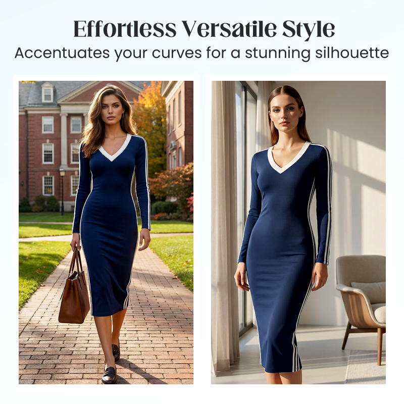 👗✨ Damen V-Ausschnitt Kleid – Elegantes, Figurbetontes Design mit Streifen-Details im Sportstyle