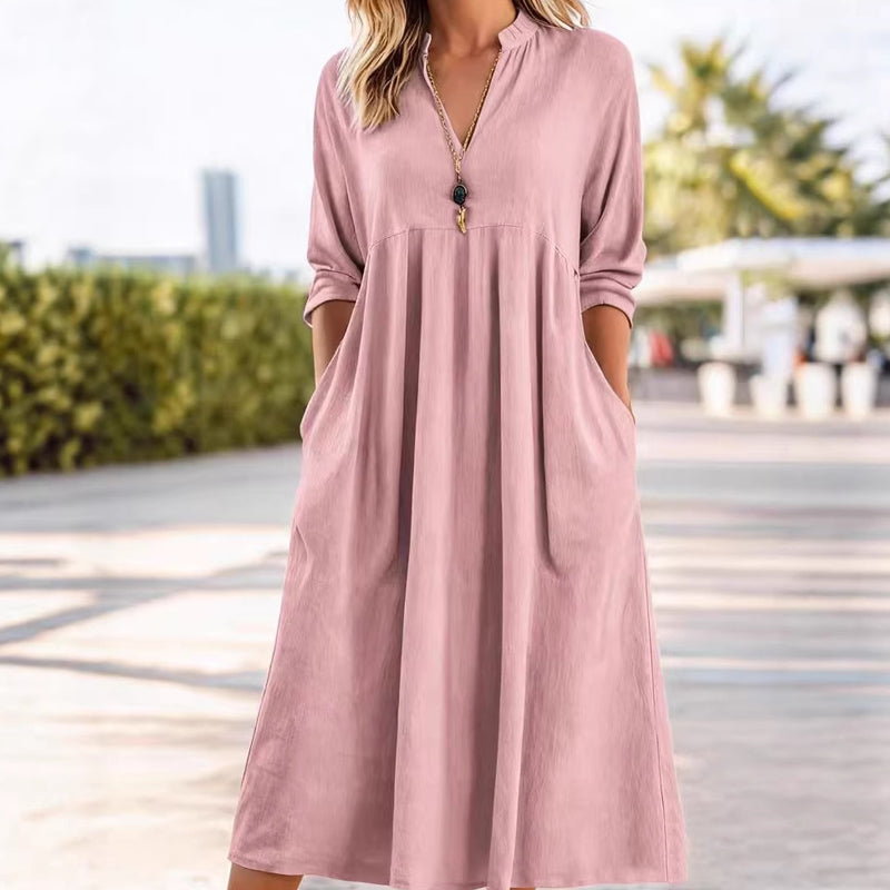 Damen Freizeit V-Ausschnitt Midi Kleid mit Taschen