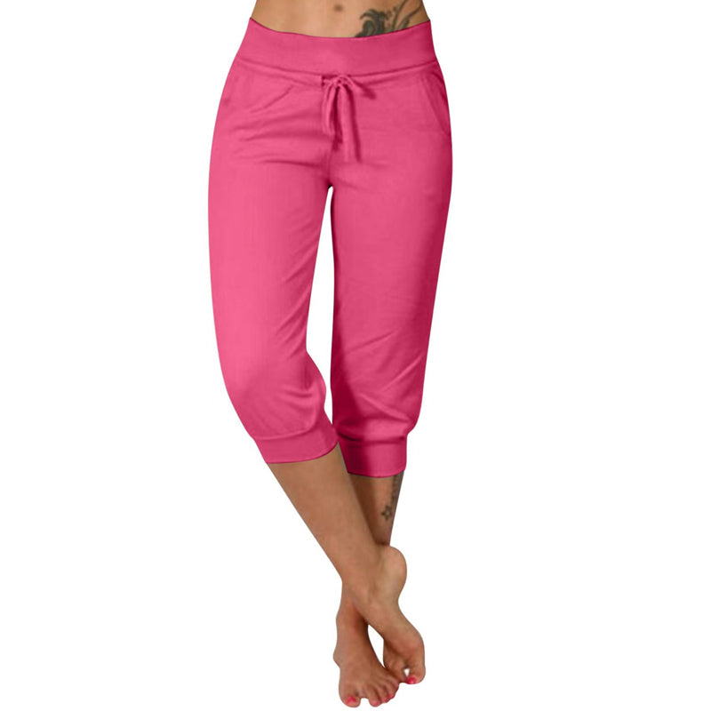 Damen 3/4 Jogginghose – Strickstoff, Hoher Bund mit Kordelzug, Mit Taschen