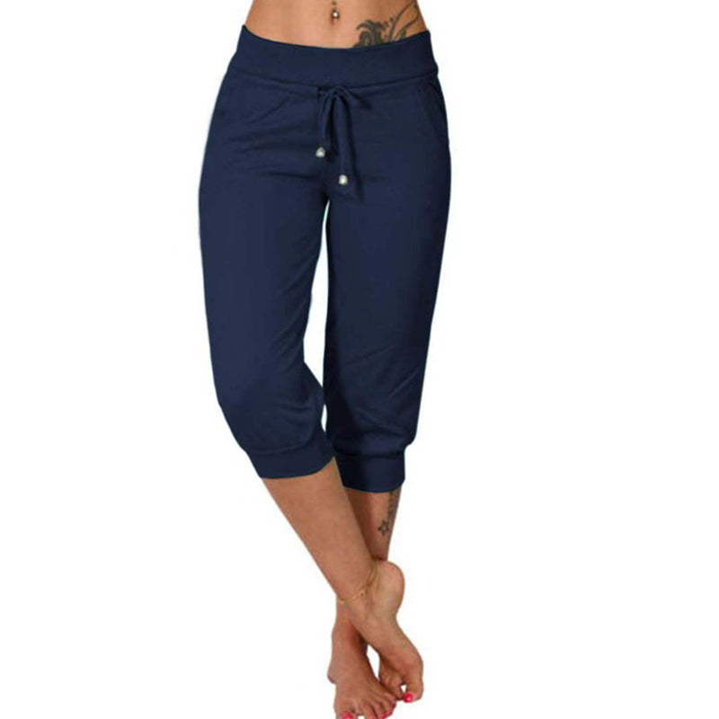 Damen 3/4 Jogginghose – Strickstoff, Hoher Bund mit Kordelzug, Mit Taschen