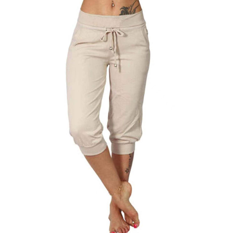 Damen 3/4 Jogginghose – Strickstoff, Hoher Bund mit Kordelzug, Mit Taschen