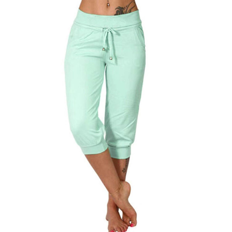 Damen 3/4 Jogginghose – Strickstoff, Hoher Bund mit Kordelzug, Mit Taschen