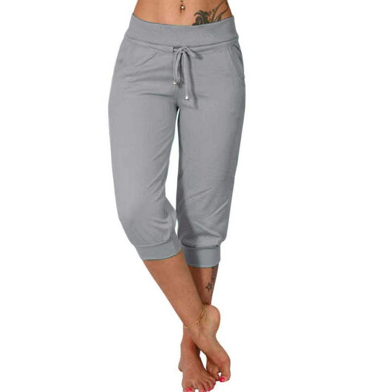 Damen 3/4 Jogginghose – Strickstoff, Hoher Bund mit Kordelzug, Mit Taschen