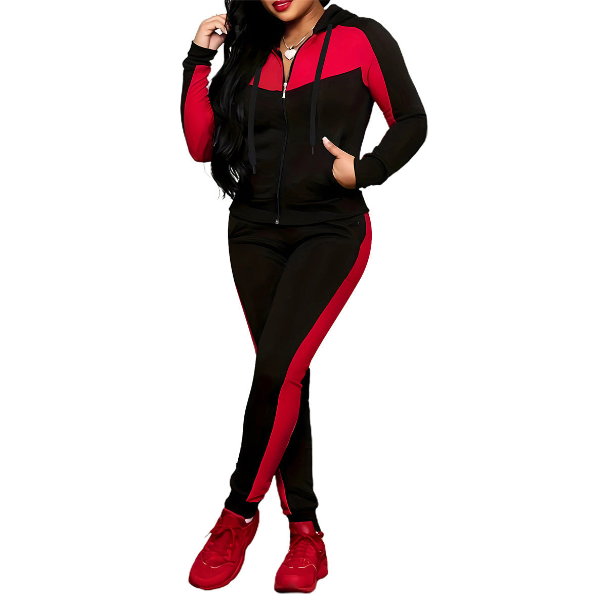 2-teiliges Damen Trainingsanzug-Set im Color-Block Design – Bequem & Sportlich für Alltag und Fitness