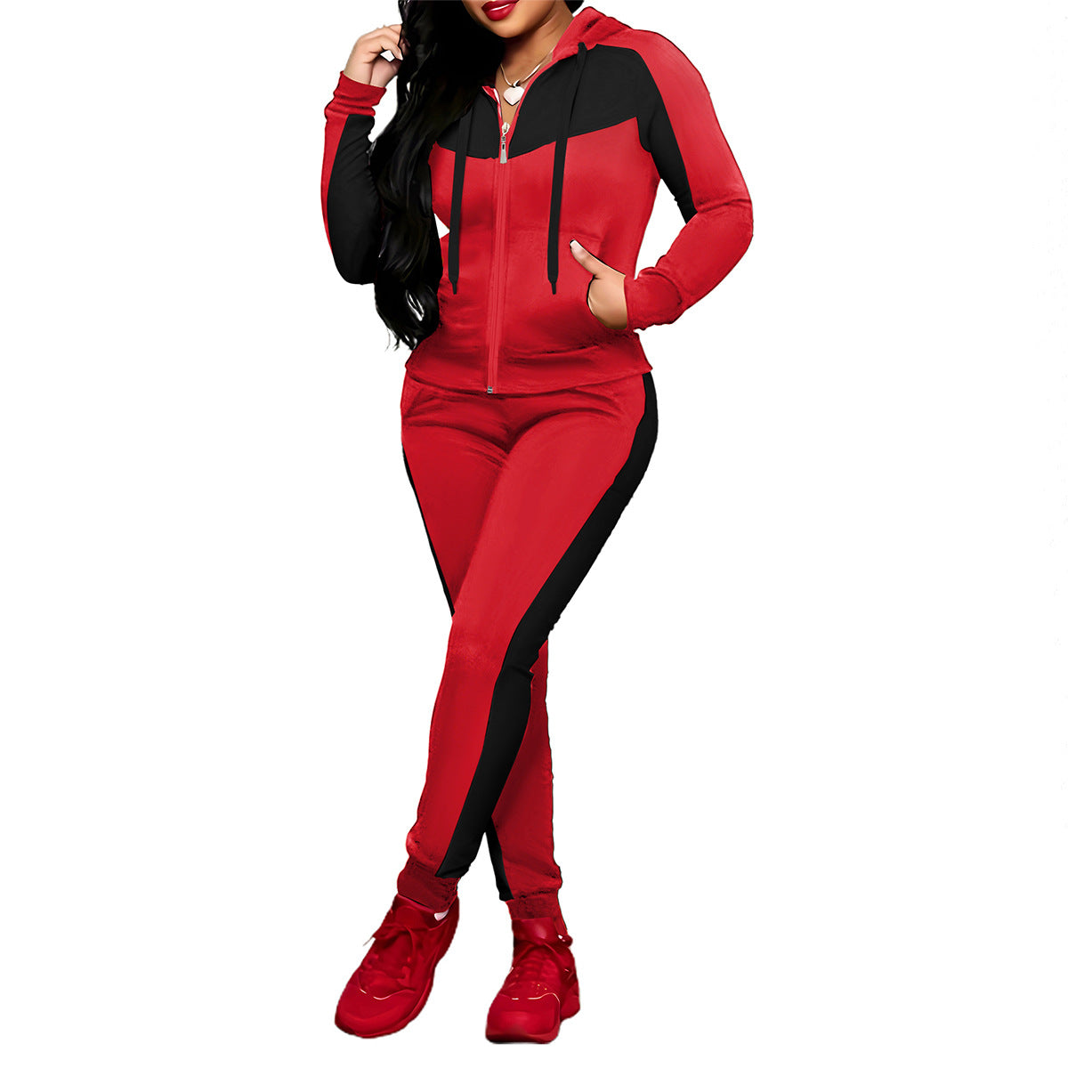 2-teiliges Damen Trainingsanzug-Set im Color-Block Design – Bequem & Sportlich für Alltag und Fitness