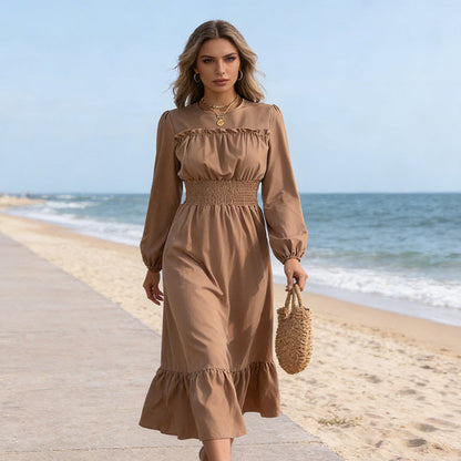 👗✨ Damen Maxikleid mit langen Ärmeln – Smokoberteil & Rüschen, Elegant für Alltag & Anlass