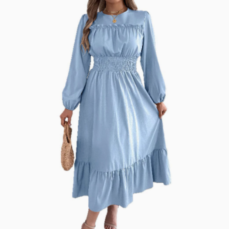 👗✨ Damen Maxikleid mit langen Ärmeln – Smokoberteil & Rüschen, Elegant für Alltag & Anlass