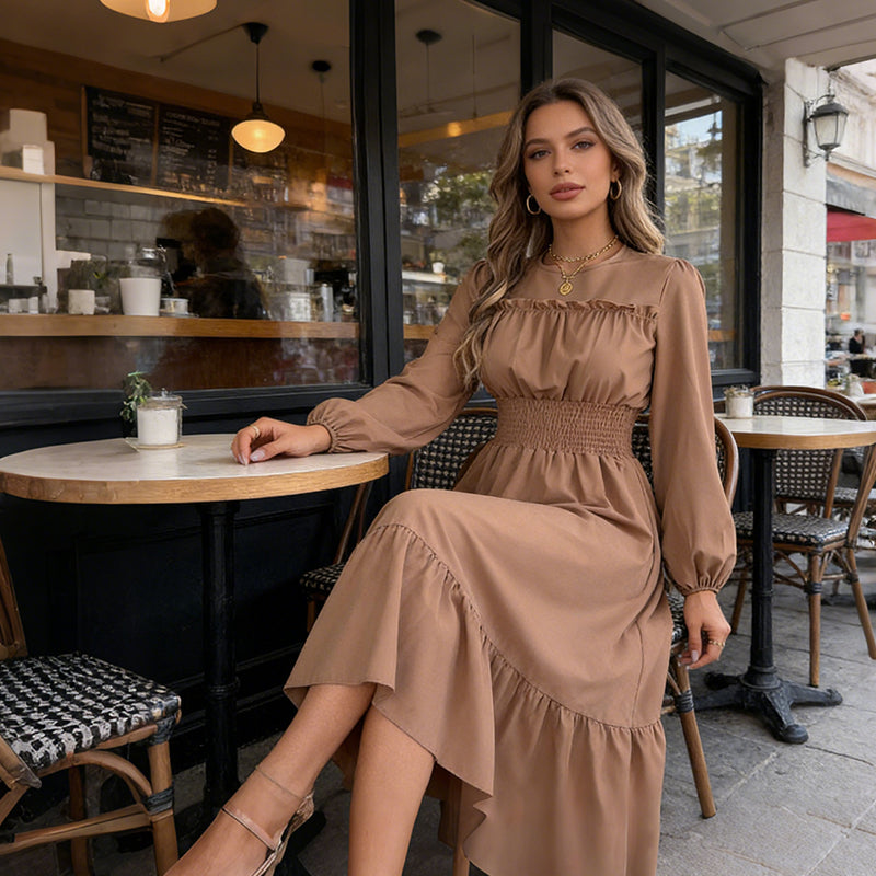 👗✨ Damen Maxikleid mit langen Ärmeln – Smokoberteil & Rüschen, Elegant für Alltag & Anlass