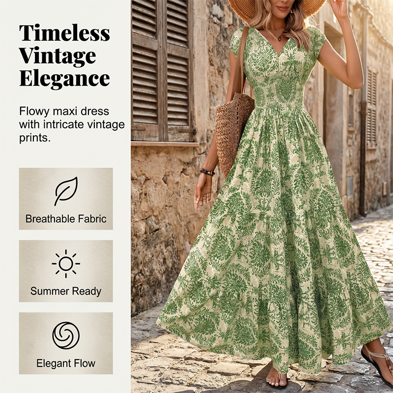 Damen Maxikleid mit V-Ausschnitt, Blumenmuster und geraffter Taille