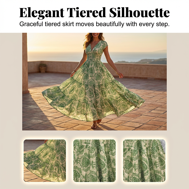 Damen Maxikleid mit V-Ausschnitt, Blumenmuster und geraffter Taille