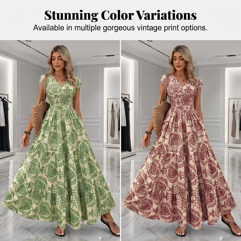 Damen Maxikleid mit V-Ausschnitt, Blumenmuster und geraffter Taille