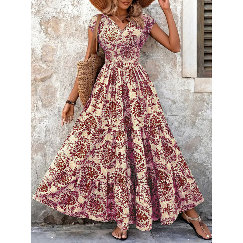 Damen Maxikleid mit V-Ausschnitt, Blumenmuster und geraffter Taille